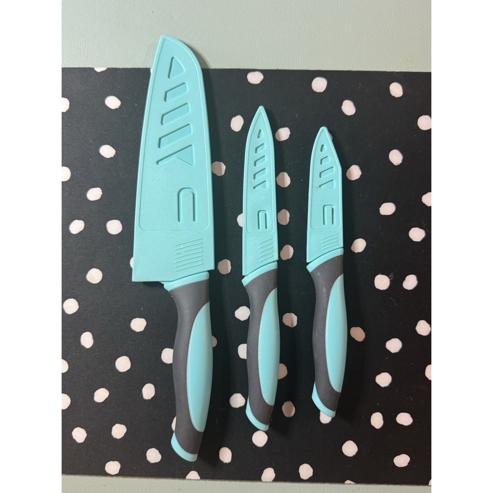 Core Kitchen Set of 3 Knives Aqua Blue Sheaths Soft Grip Santoku Utility Paring